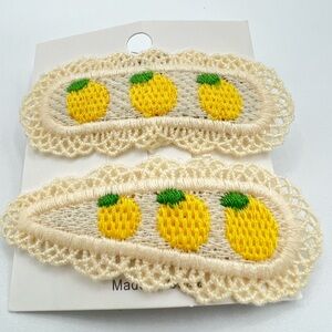 Set of Embroidered Lemon Snap Clip Barrettes New